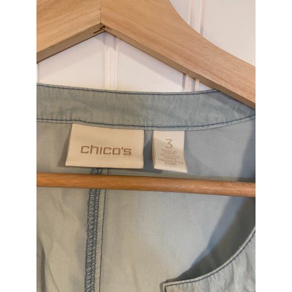 Chicos Top Women's sz 3 XL Blue Chambray Lace Front 3/4 Sleeves Pockets - Picture 3 of 5